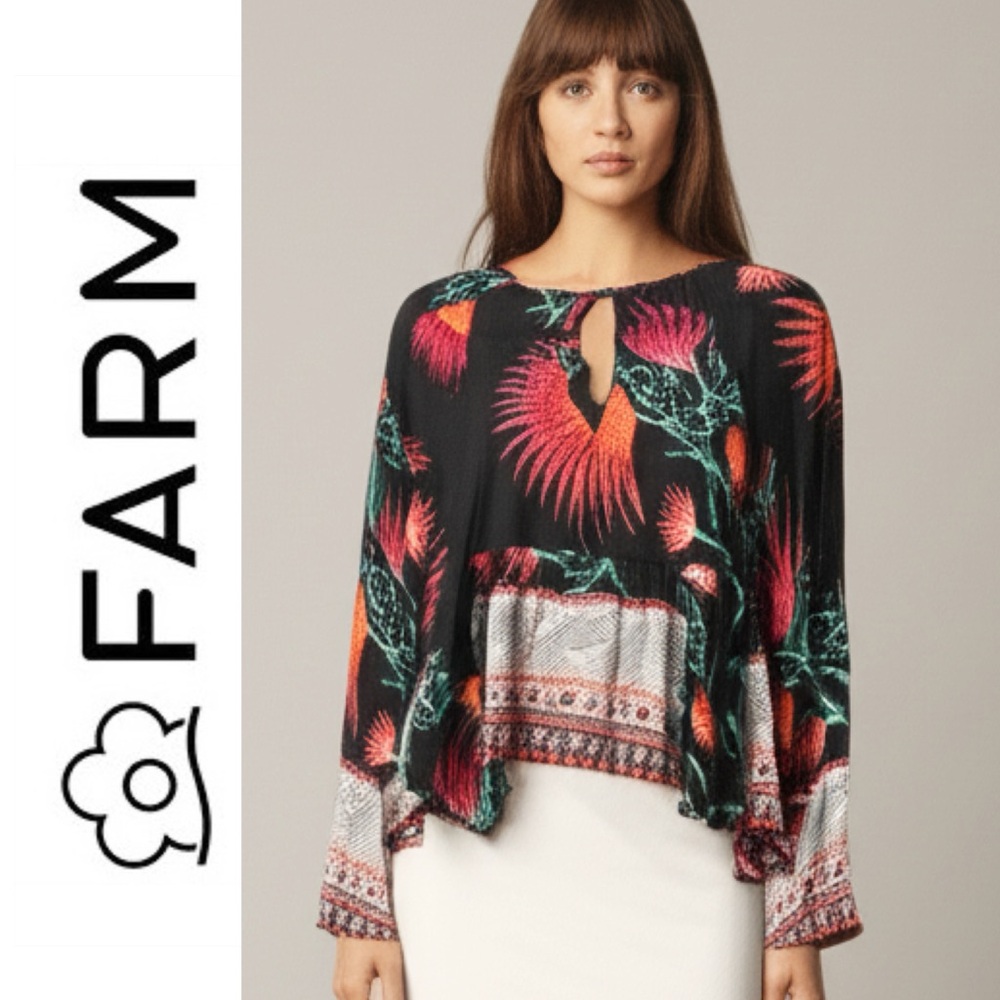Farm Rio Black Long Flare Sleeves Top Flowy Tropical Floral Blouse Size Medium - Picture 13 of 13